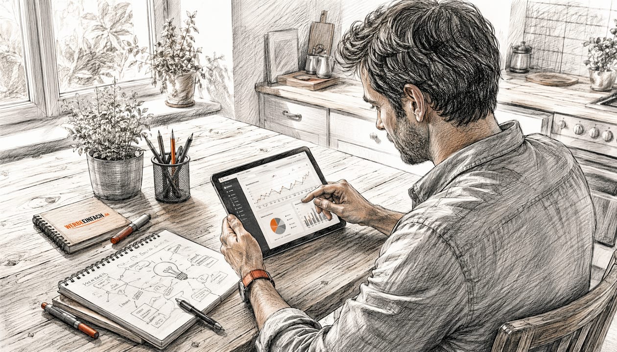 Ein Mitarbeiter analysiert im Büro die Website-Daten auf seinem Tablet.