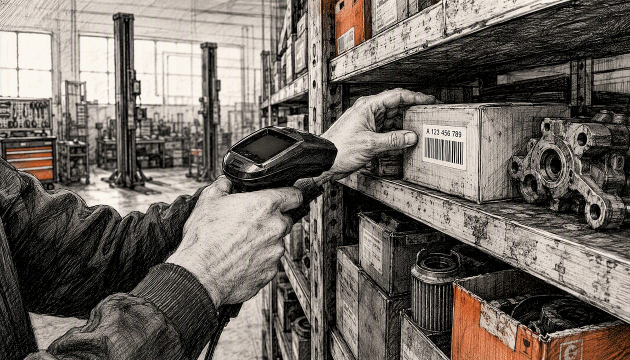 Im Lager der Werkstatt werden Ersatzteile von einer Mitarbeiterin eingescannt.