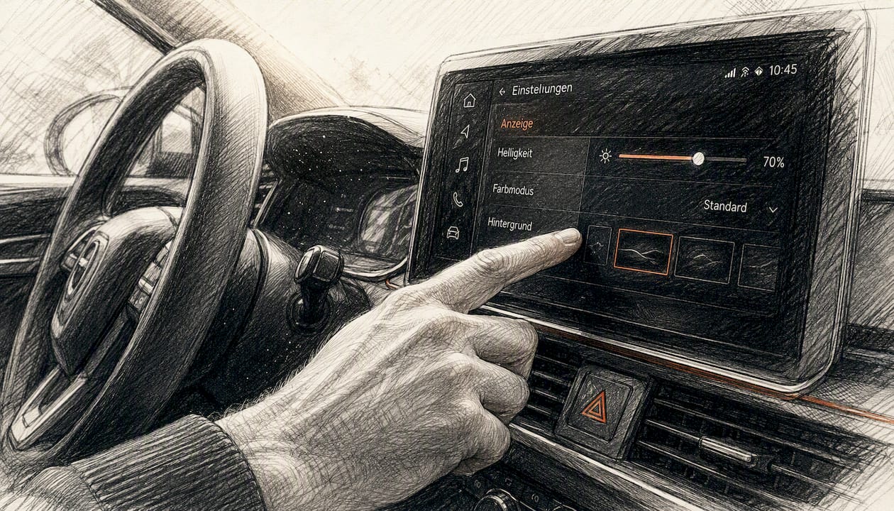 Eine Hand stellt im Autohaus liebevoll Details am Armaturenbrett eines Neuwagens ein.