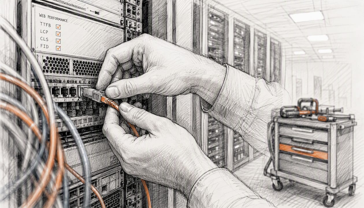 Hände, die Kabel im Rechenzentrum ordnen