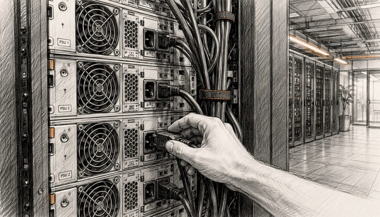 Eine Hand steckt das Stromkabel in einen Server im firmeneigenen Rechenzentrum.