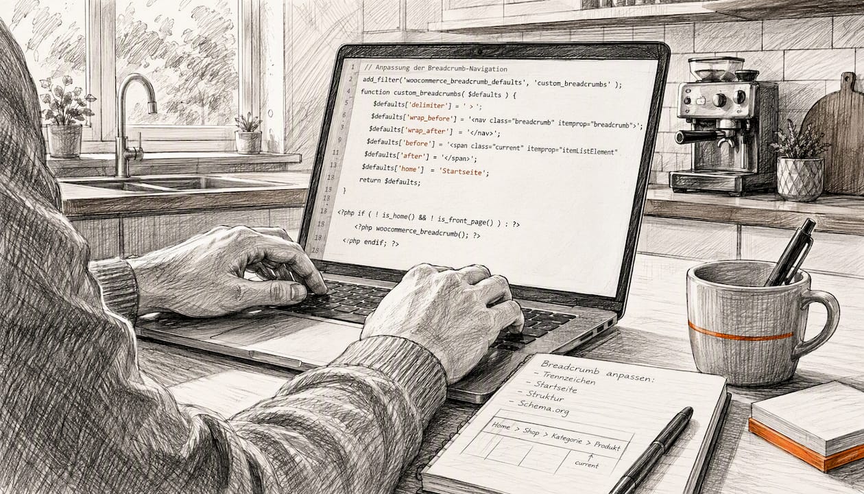 Hände arbeiten am Laptop und passen den Code für die Brotkrumennavigation an.