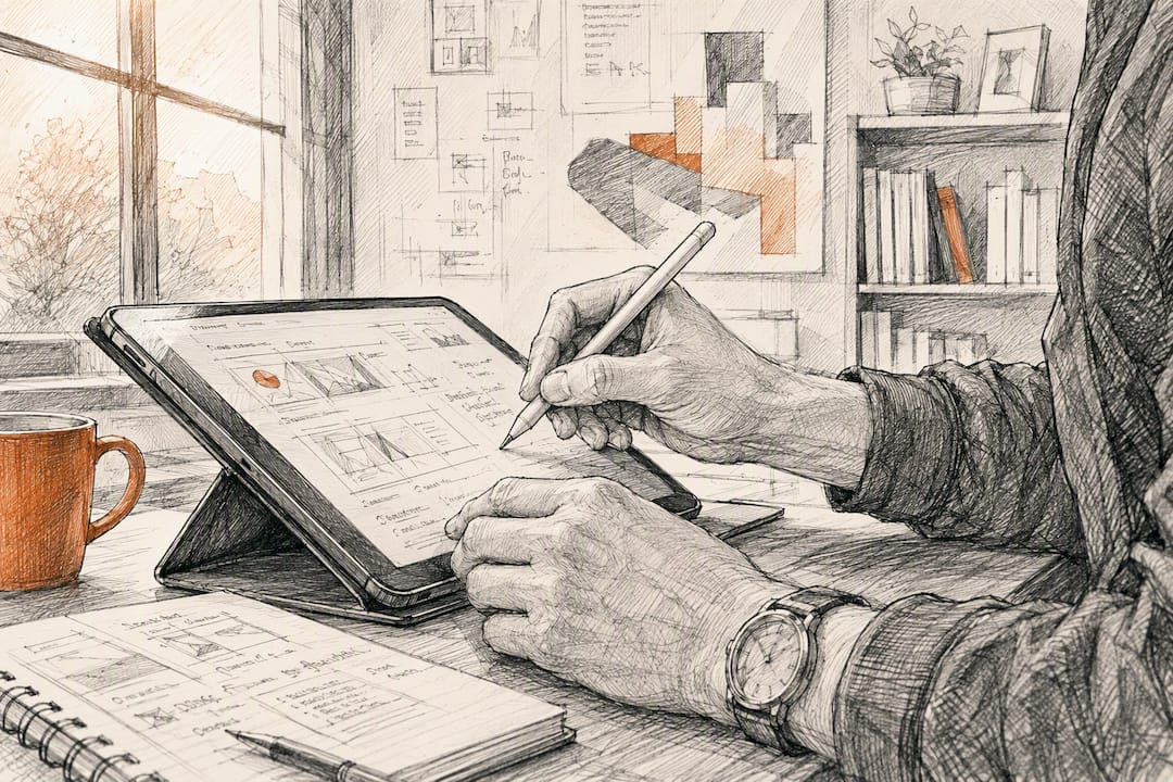 Mit dem Tablet entstehen erste Skizzen für neue Inhalte – direkt von Hand gezeichnet.