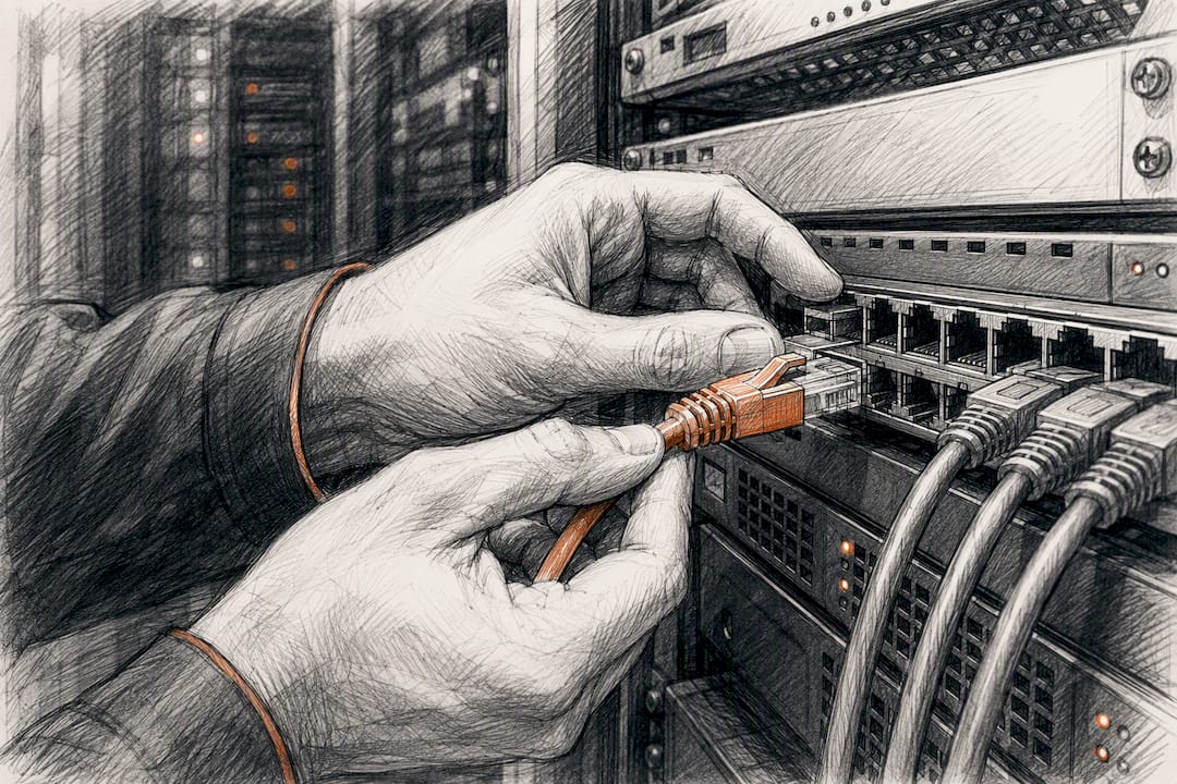 Ein Mitarbeiter steckt ein Netzwerkkabel in den Anschluss eines Servers.