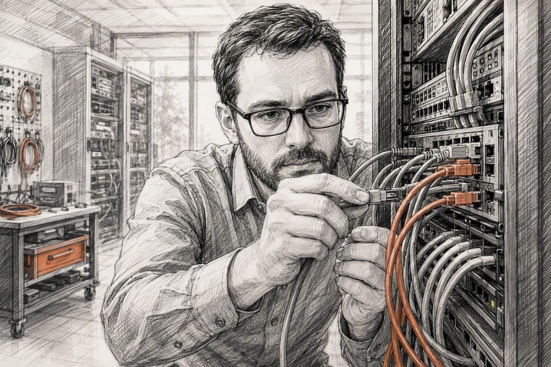 Techniker verbindet ein Netzwerkkabel im Serverraum