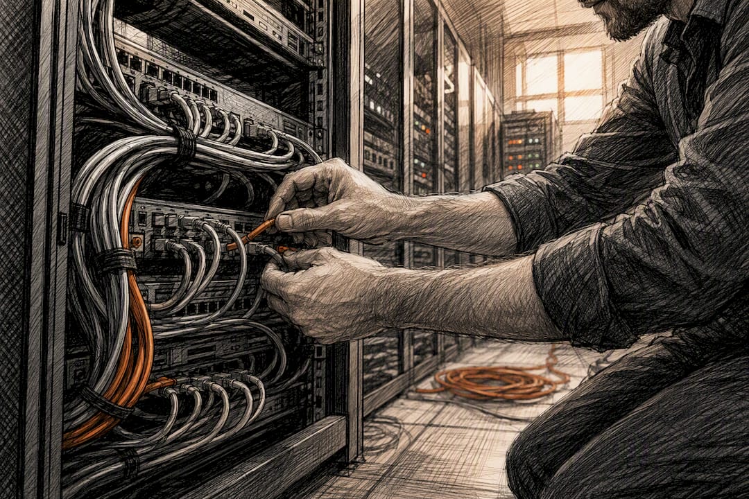 Hände, die Netzwerkkabel im Serverraum verbinden