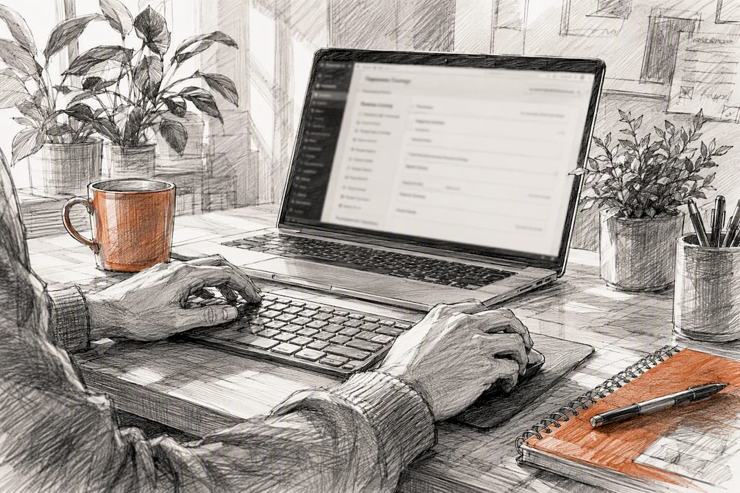 Hände, die ein WordPress-Plugin am Laptop konfigurieren