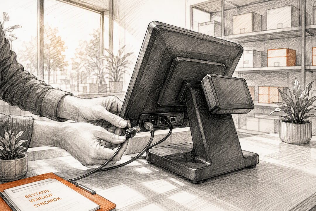 Hände, die Kassensystem-Kabel am Ladentisch verbinden