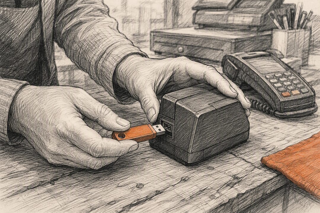 Hand, die eine Speicherkarte in das Kassenterminal einlegt