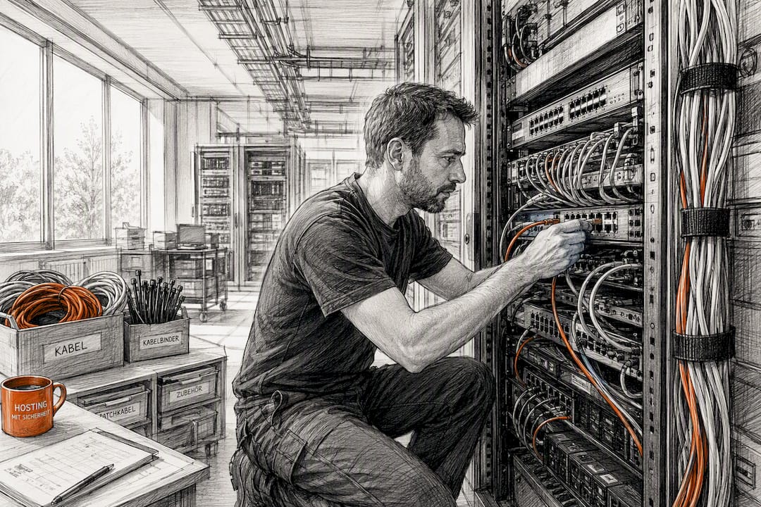 Techniker verbindet Netzwerkkabel im Server-Rack