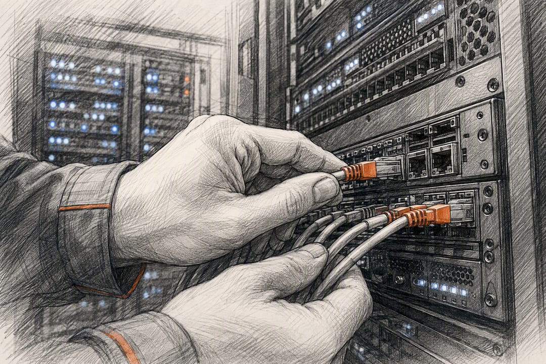 Hände beim Verbinden von Kabeln im Serverrack
