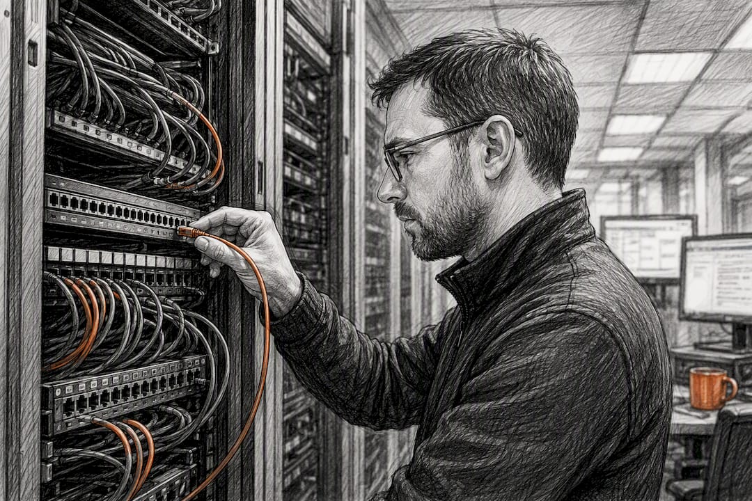 Techniker verbindet Netzwerkkabel im Serverraum