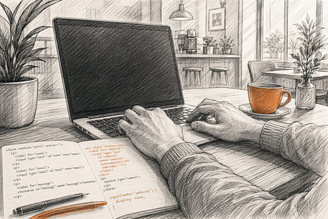 Hände beim Programmieren eines Honeypot-Feldes im Kontaktformular